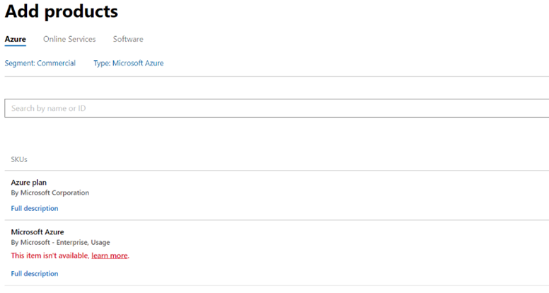 Partner Center Add products error screen shown when trying to add the retired legacy Azure offer