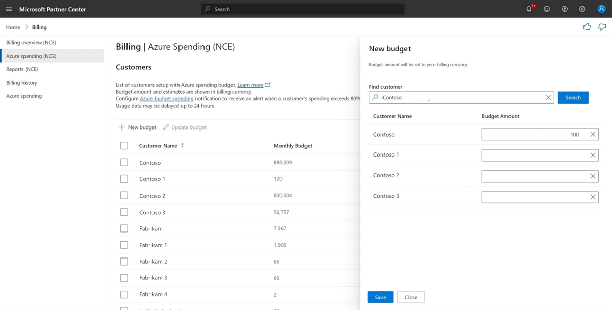 Partner Center Azure spending NCE page listing customers with configured Azure spending budgets