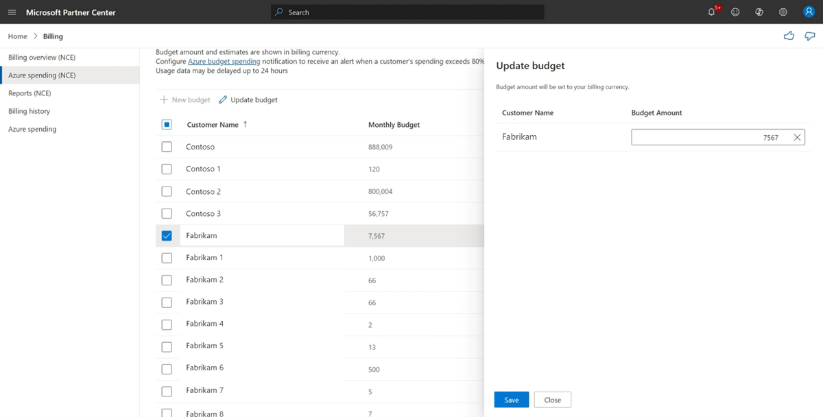 Partner Center Update budget configuration panel for a selected customer
