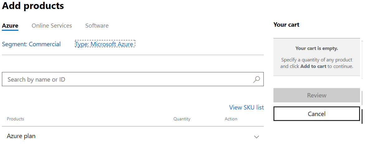 Partner Center Add products screen showing the Azure plan Add to cart action