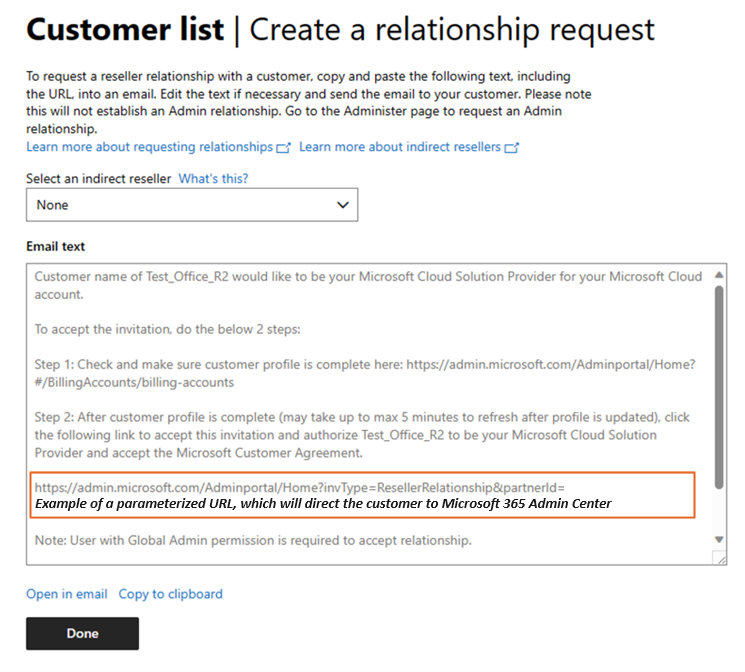 Partner Center Create a relationship screen with the generated customer invitation email template