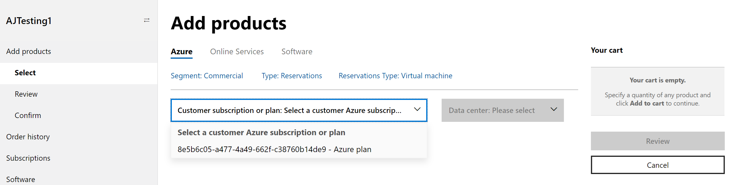 Partner Center Add products screen for Azure reservations showing the Shared scope setting