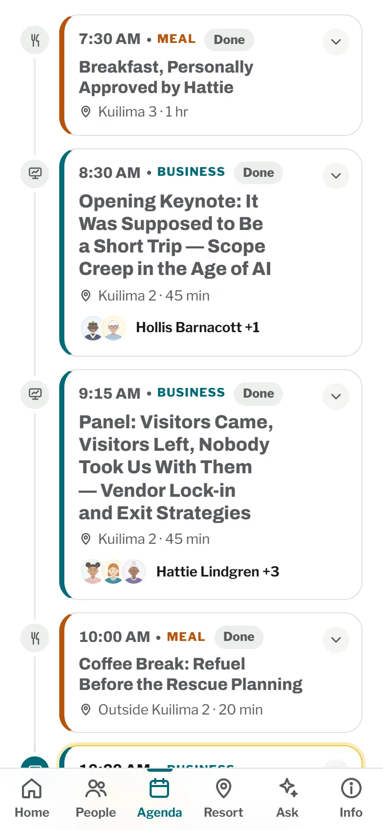 The demo agenda: day 2 sessions with times, rooms and speakers