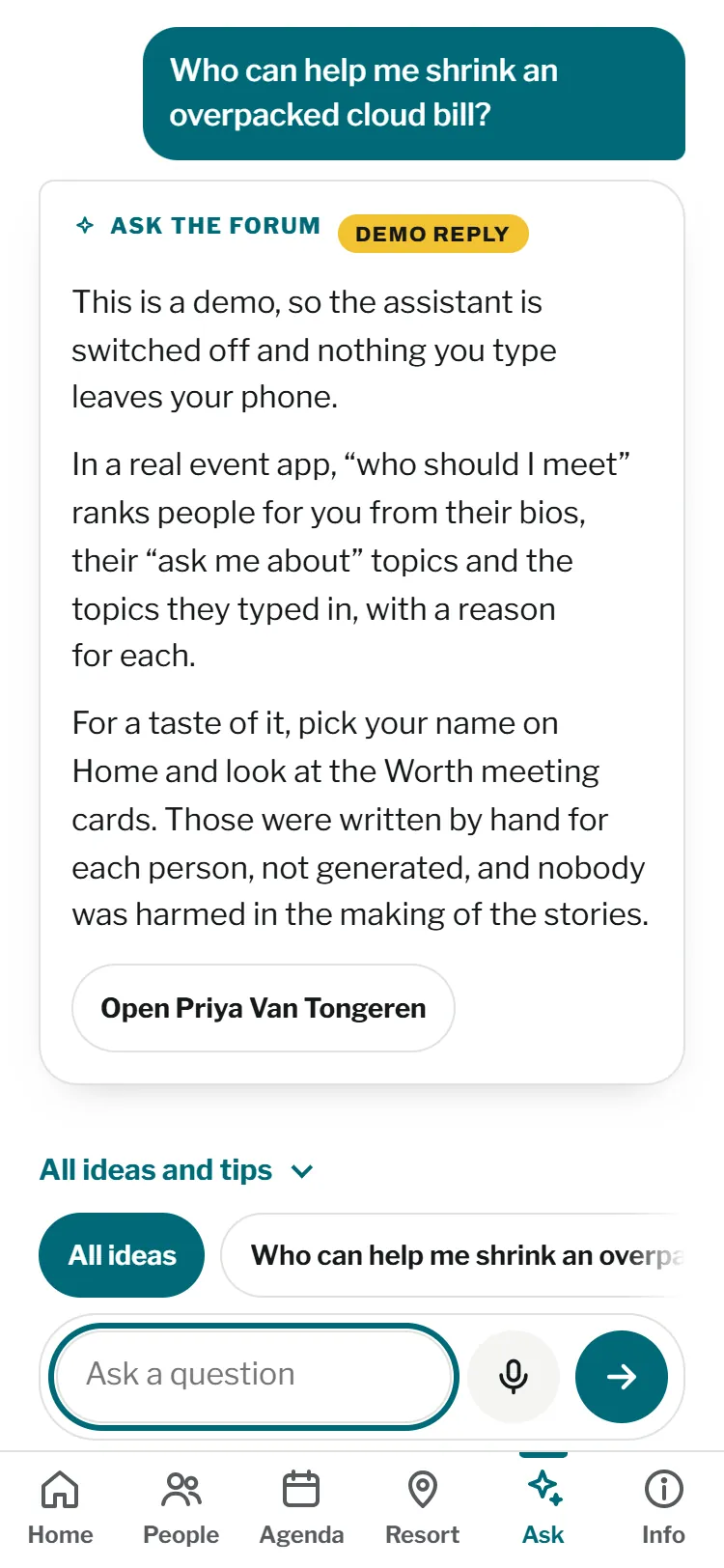 The Ask tab with a question and a demo reply