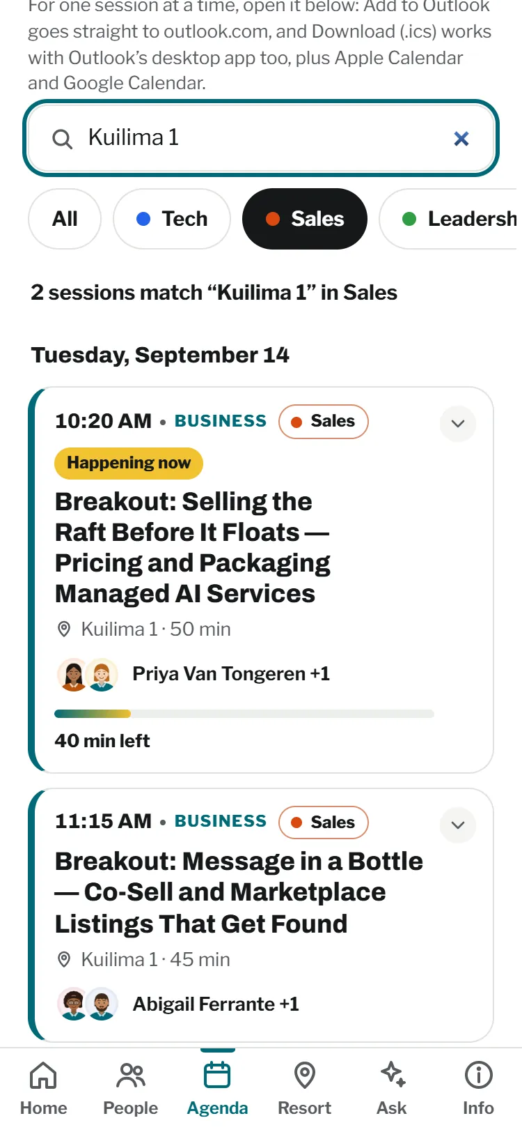 Session search on the demo agenda, filtered to the Sales type, with two results