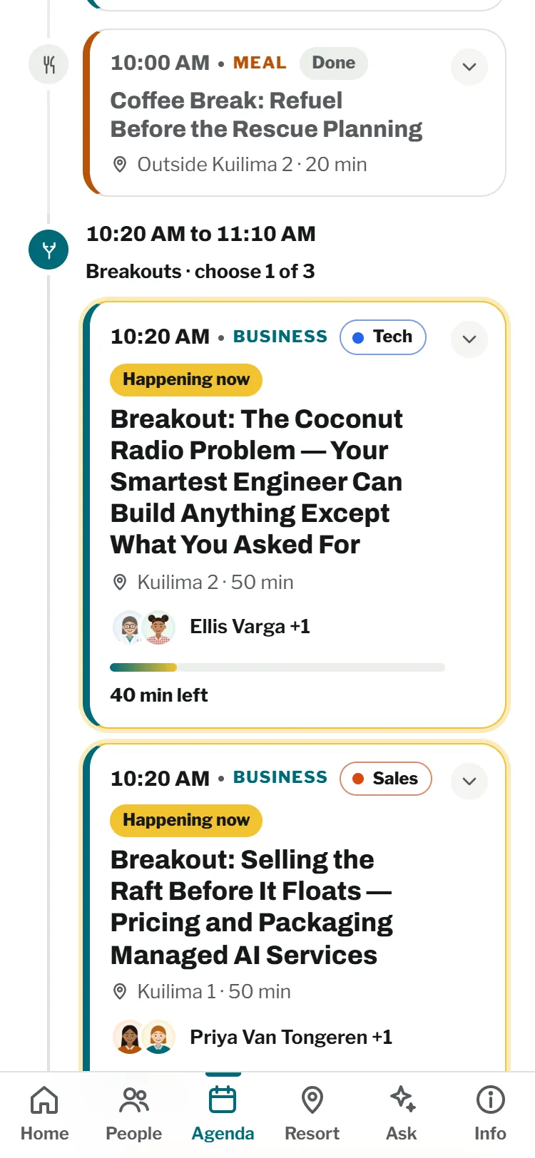 A breakout block on the demo agenda: choose 1 of 3, each option with its room and a Tech, Sales or Leadership label