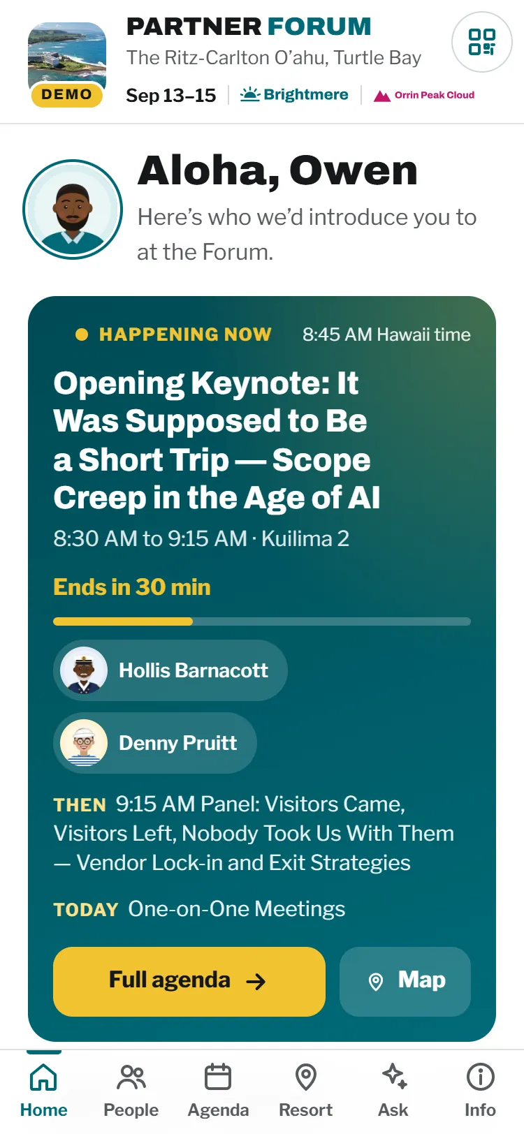 The demo app's Home screen: the event header, a live announcement and a countdown card