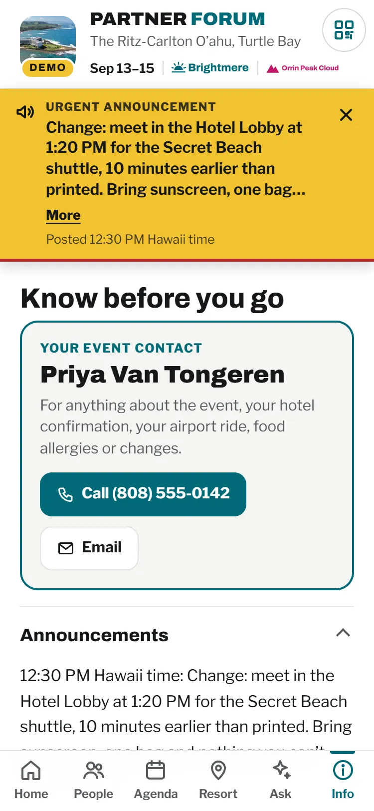 The Info tab with a live announcement banner at the top