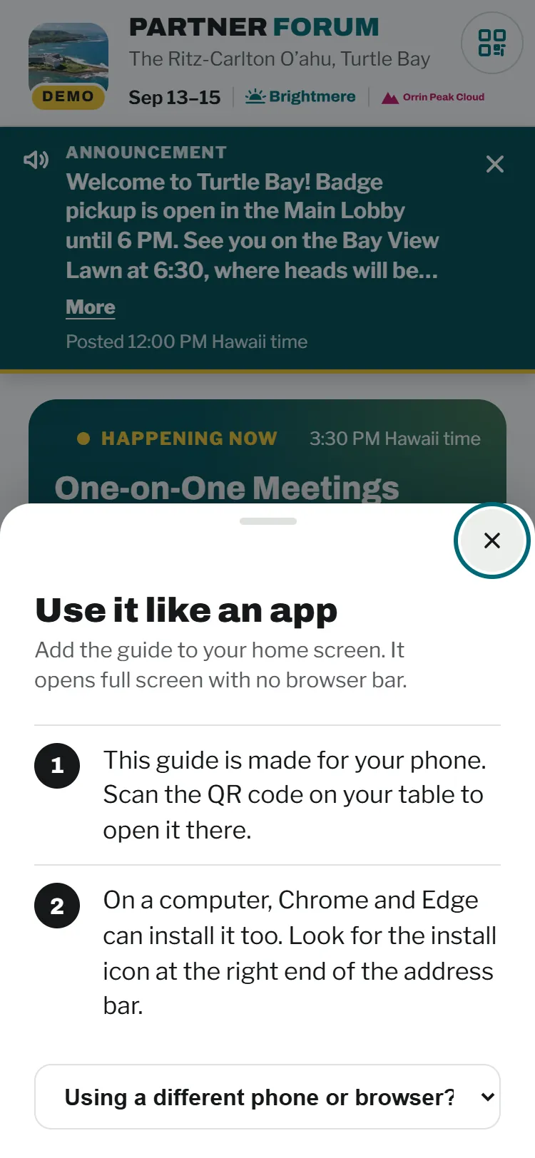 The demo app's install help, showing the steps for the phone it's opened on