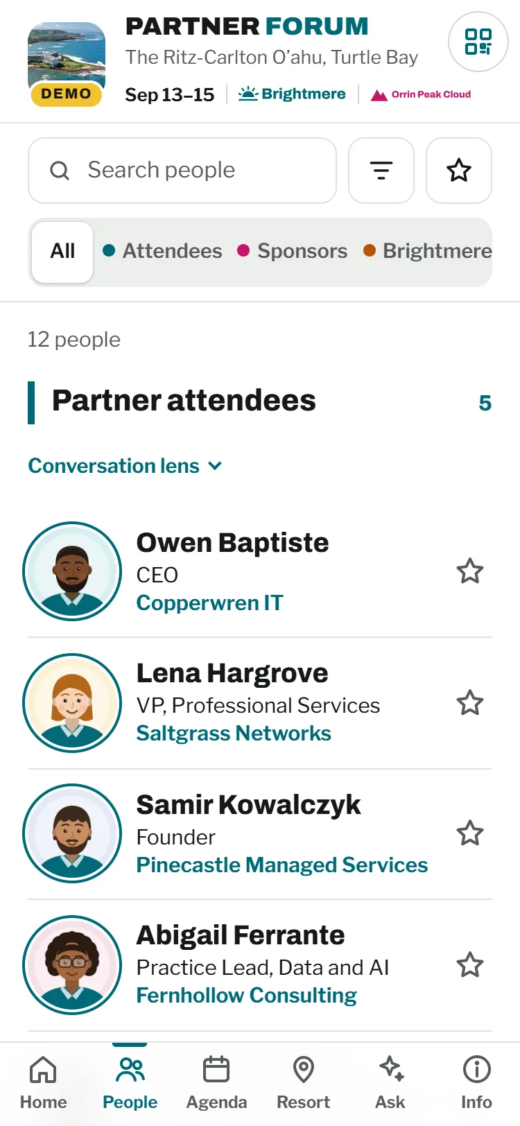 The attendee directory with illustrated avatars, titles and companies