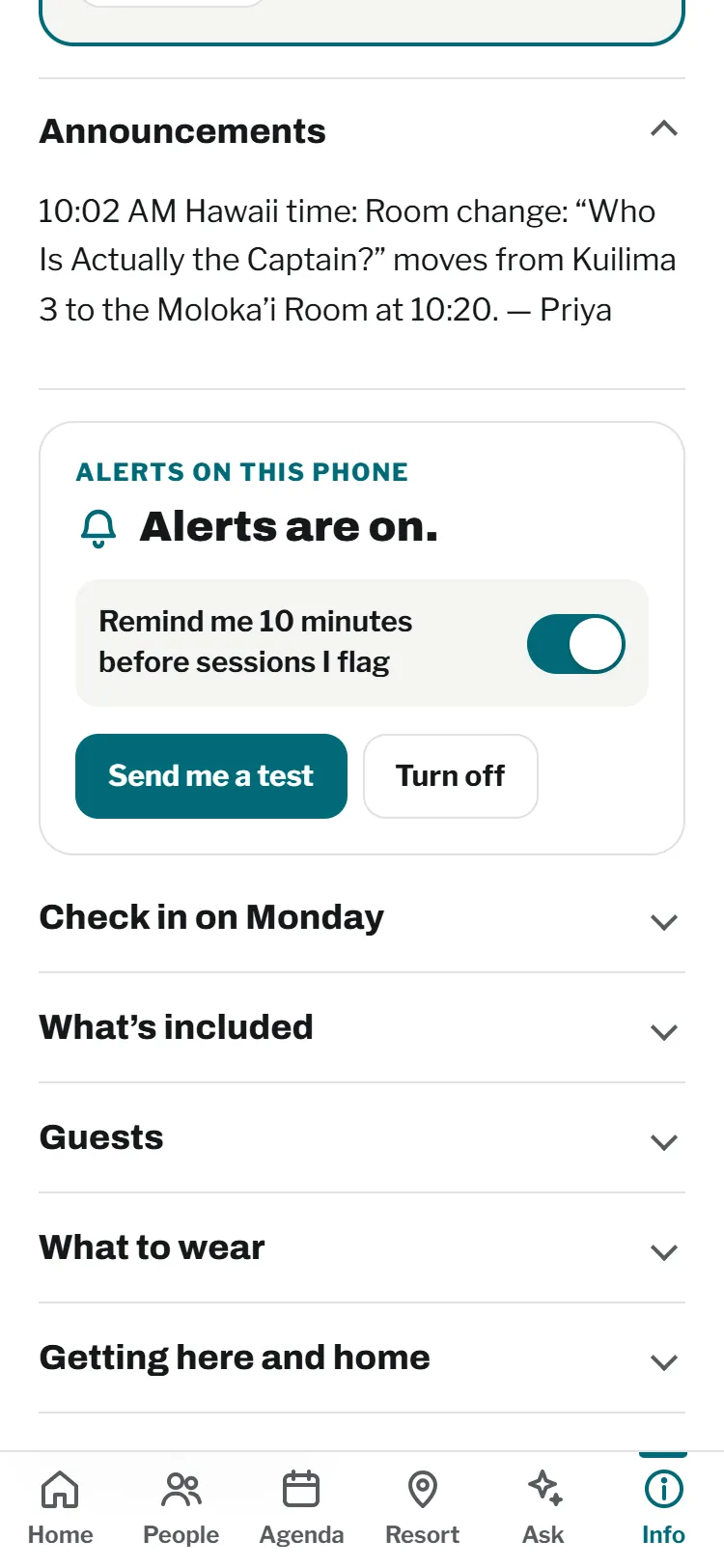 The Info tab with the Alerts on this phone card: alerts are on, a switch for session reminders, and Send me a test and Turn off buttons