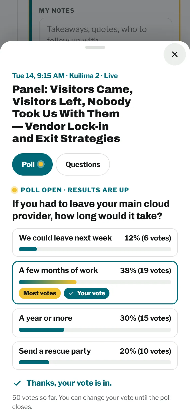 A live session sheet on the Poll tab: a four-choice poll with results bars, percentages and vote counts, and Thanks, your vote is in