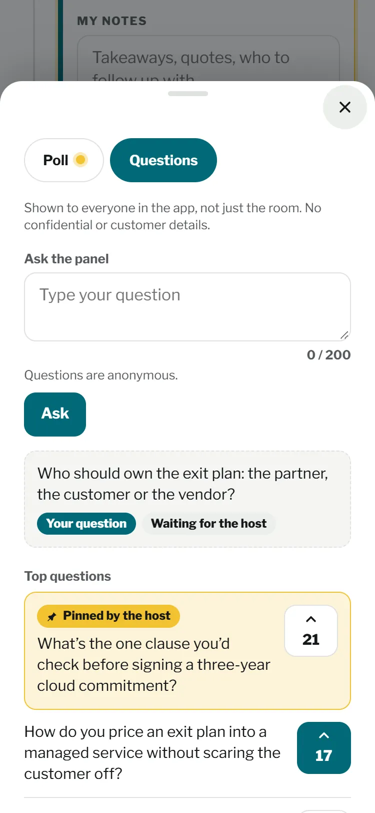 The Questions tab: an ask box, your own question waiting for the host, a pinned question and the top questions with upvote counts
