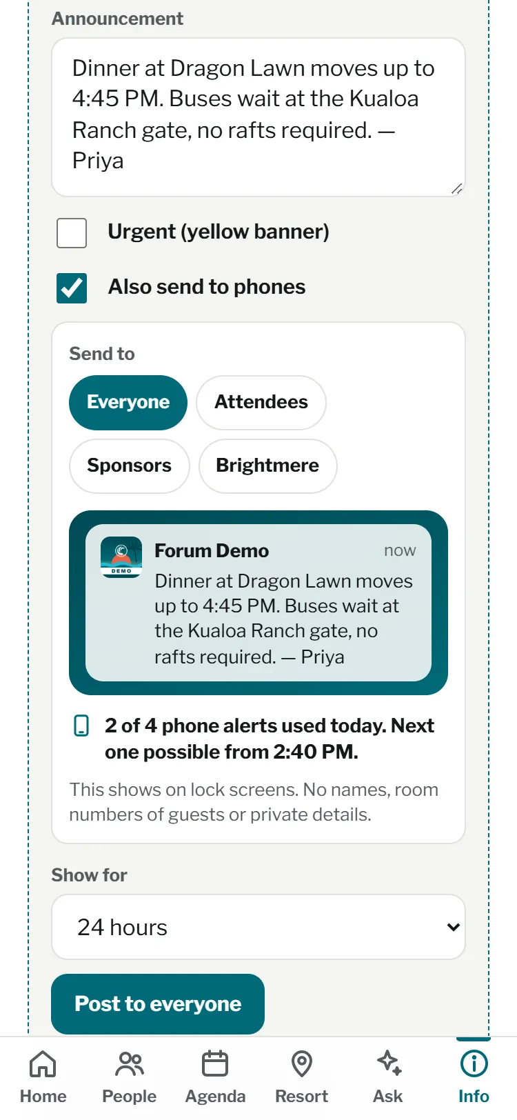 The team announcement form with Also send to phones ticked, a choice of audience, a lock-screen preview and a line saying 2 of 4 phone alerts are used today
