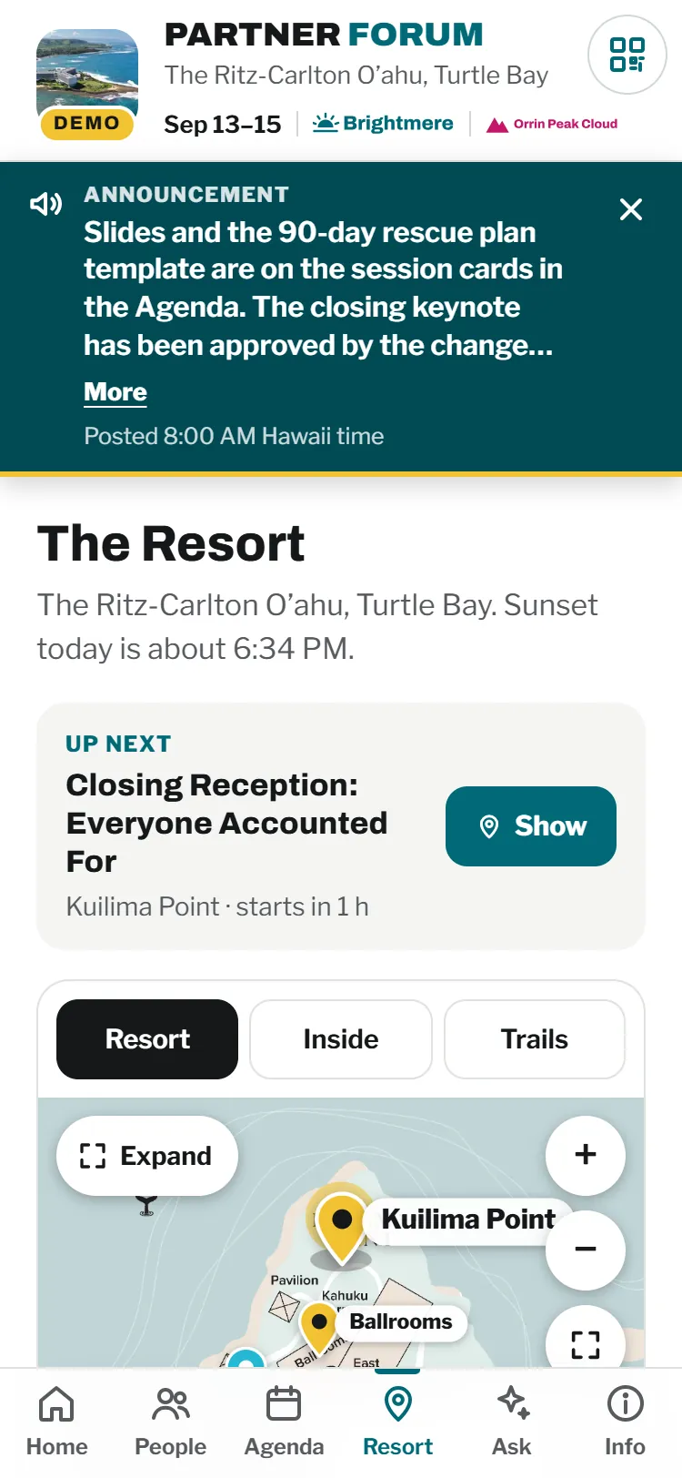 The interactive resort map with pins for rooms, dining and activities