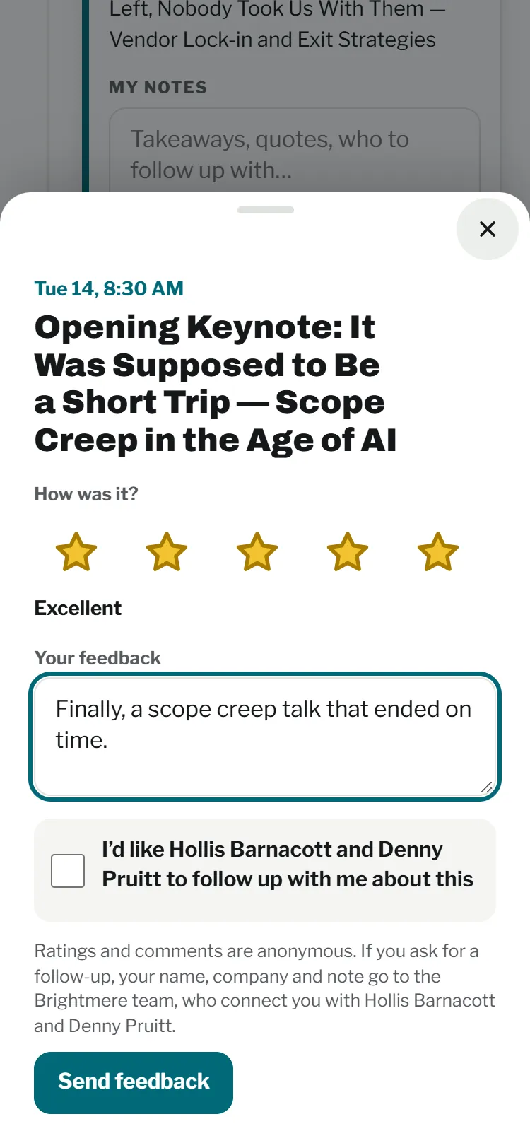 The session rating sheet with stars, two questions and a follow-up option
