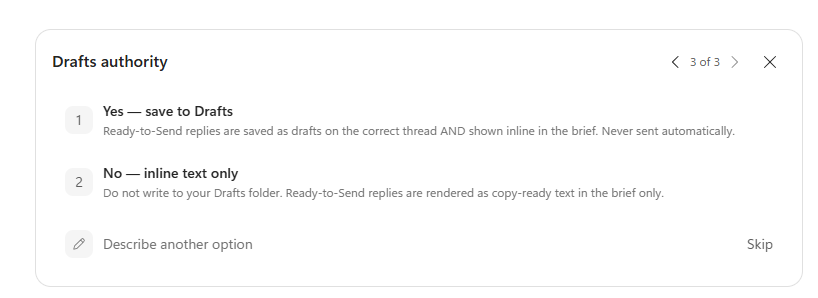 Cowork setup card asking whether draft replies may be saved to Outlook Drafts